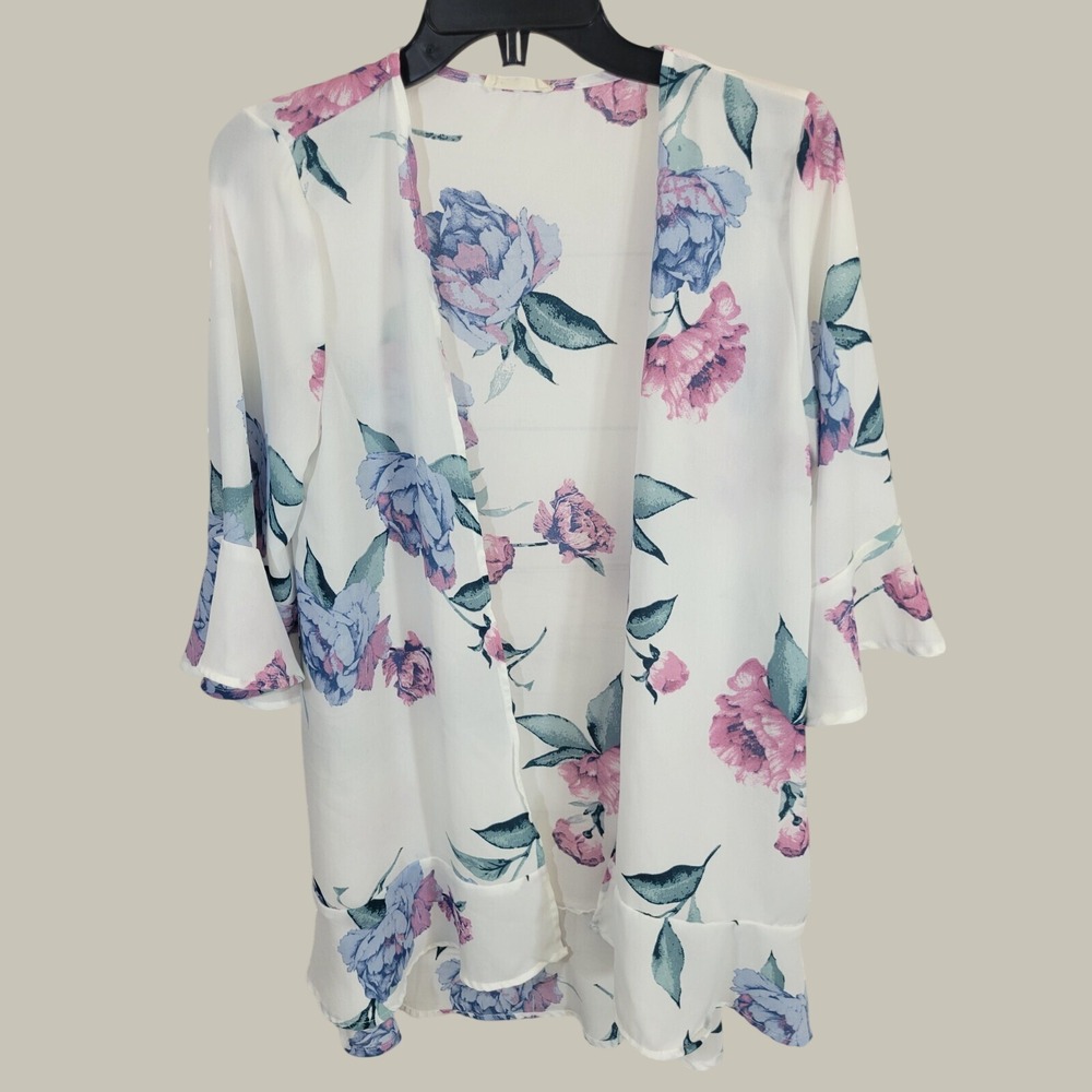 Oddi Kimono Cardigan Boho Floral Bell Sleeve Ruffle Hem Layering Top Small